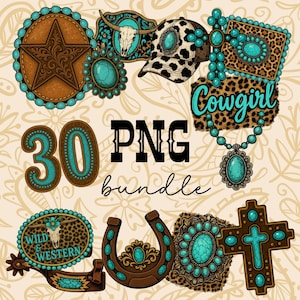 Könnte beinhalten: Eine Sammlung digitaler Grafiken im Western-Stil, darunter ein Stern, ein Hut, ein Hufeisen und ein Kreuz, alle mit türkisfarbenen Akzenten verziert. Der Schriftzug "Cowgirl" ist vorhanden, zusammen mit dem Text "Wild & Western" und der Zahl "30".