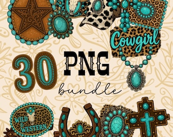 Turquoise Cowgirl PNG Bundle | Western Crosses, Leopard Print (Digital Download)