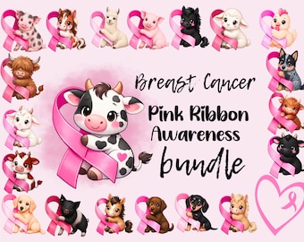 Farm Animal Pink Breast Cancer Awareness PNG file download Highland Cow, Pigs, Goat, Lamb, Dachshund, Horses, Lama, Chicken Pink Ribbon