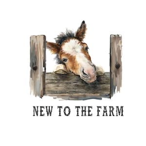 May include: Watercolor illustration of a young horse with a brown and white coat, peeking over a rustic wooden fence. The text "NEW TO THE FARM" is printed in a bold, vintage font below the image.