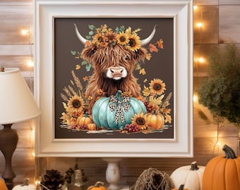 PNG file download sublimation design Highland baby calf cow bull autumn fall turquoise blue pumpkin sunflowers. Fall Autumn Coquette Leopard