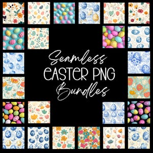 Può includere: Una collezione di bundle PNG di Pasqua senza cuciture. L'immagine presenta vari modelli con uova di Pasqua, motivi floreali e colori pastello. Il testo "Seamless Easter PNG Bundles" è visualizzato in corsivo.