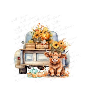 Highland Cow PNG fall vintage pickup truck fall autumn pumpkins, sunflowers clipart instant digital download.