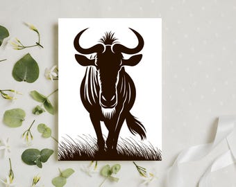 Minimalist Wildebeest Greeting Cards - Set of 10 with Envelopes - African Safari Art - Unique Wildlife Stationery - Blank Cards
