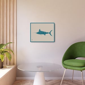 Minimalist Marlin Metal Wall Art - 16x20&quot; Teal Sport Fish on Sand Background - Aluminum Sign - Coastal Game Fish Decor