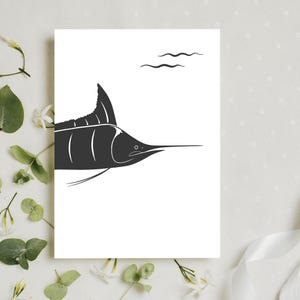 Tarjetas de felicitación minimalistas de marlín - Juego de 10 con sobres - Arte de pesca deportiva - Papelería oceánica en tonos carbón - Tarjetas en blanco