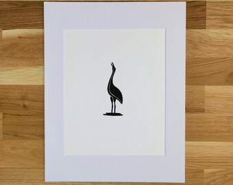 Trumpeting Whooping Crane Linocut Print, Original Bird Wall Art, Minimal Black and White Decor