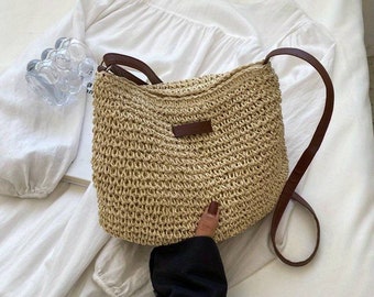 Knitted Straw Cross Body Bag with Tan Strap