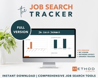 May include: A computer monitor displays a job search dashboard with charts and graphs. The text "The Job Search Tracker" is at the top. A teal circle reads "Full Version." Additional text includes "Instant Download | Comprehensive Job Search Tools."