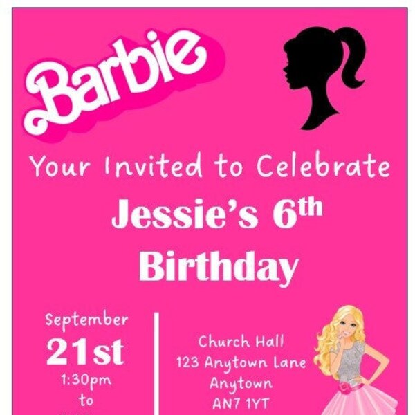 Personalised Barbie party style invitations, digital download Girls, Pink