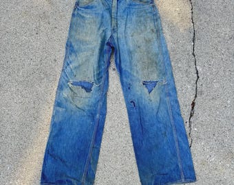 Vintage 1950’s Denim Sanforized Carpenter Jeans Size 30 Barn Thrashed Distressed