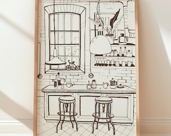 Coffee Line Art Print: Hand Drawn Cafe Wall Decor (Digital Download, 5 Sizes Included