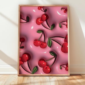 Cherry Wall Art Printable – Pink Aesthetic Pop Art Decor, Girly Retro Room Digital Download, Bold Fruit Pattern for Bedroom or Kitchen