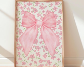 Pink Bow Floral Print: Feminine Watercolor Wall Art (Digital Download)