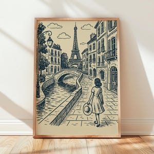 Girl in Paris Print, Paris Art Print, Parisian Street Scene, Printable France Decor, Paris Cityscape Illustration, Digital Download Artwork