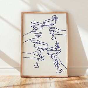 乾杯！ウォールアート - 青いカクテルバーカートの印刷可能、モダンなドリンクの線画、ミニマリストなパーティーデコレーション、デジタルダウンロード、楽しいギフトアイデア