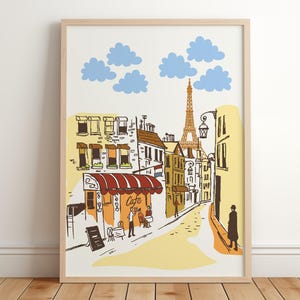 Paris Street Scene Illustration, Eiffel Tower Wall Art, French Café Print, European Travel Poster, Digital Download, Parisian Home Decor