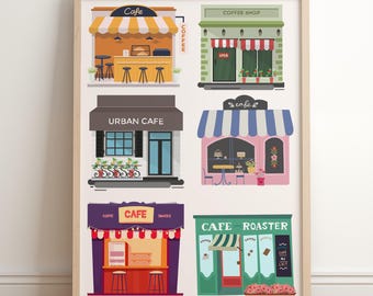 Coffee Shop Illustrations: Whimsical Kitchen Wall Art, Village Storefront Print (Digital Download)