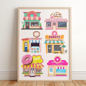 Donut Shop Art Print, Cute Donut Illustration, Sweet Dessert Kitchen Decor, Donut Bakery Artwork, Digital Download, Colorful Cafe Poster