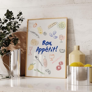 フレンチキッチンウォールアート、Bon Appétitプリント、キッチンウォールアートの印刷物、フレンチフードプリント、シェフへのギフトアイデア、デジタルダウンロード