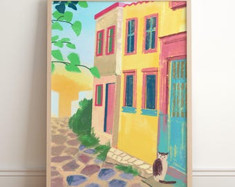 Cunda Island Street Print: Aegean Village, Cat Art (Digital Download)