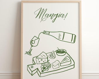 ¡Mangia! Arte mural de cocina italiana: Impresión minimalista de tabla de embutidos, arte lineal de vino y queso, descarga digital