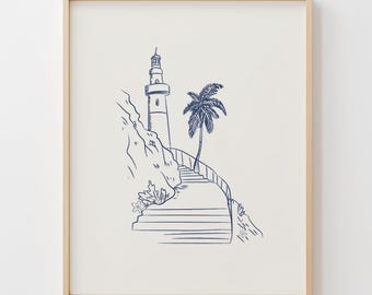 Lighthouse Art Print: Minimalist Coastal Artwork, White and Blue Nautical Wall Decor Multi Ratio Digital Download