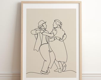 Arte lineal romántico, pareja mayor bailando, arte mural minimalista, dibujo lineal, impresión de baile vintage, regalo de aniversario, descarga digital