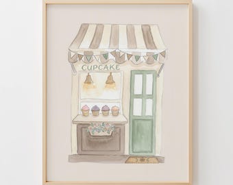 Neutral Cupcake Shop Wall Art, Watercolor Bakery Illustration, Storefront Artwork, Cozy Sweet Shop Decor, Multi Ratio Digital Download