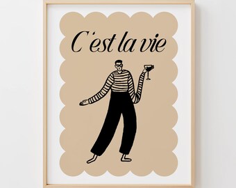 Lámina con cita francesa, lámina decorativa con la frase "C'est la Vie", descarga digital multiformato, póster minimalista beige y negro, letrero de estilo de vida retro.