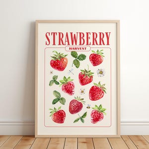 Vintage Strawberry Art Print, Kitchen Wall Decor, Cottagecore Fruit Poster, Farmhouse Style, Watercolor Strawberry Print, Digital Download