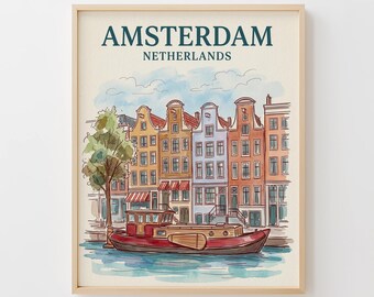 Amsterdam Travel Art Print, Netherlands Wall Art, European Cityscape, Watercolor Artwork, Multi Ratio Digital Download