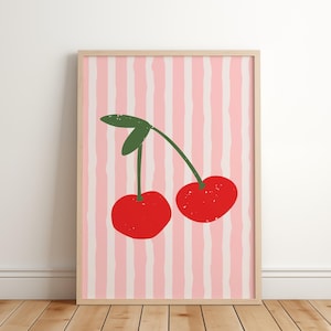 Cherry Wall Art, Retro Cherry Print, Pink Kitchen Decor, Fruit Art Print, Cute Cherry Illustration, Vintage Style Wall Art, Digital Download