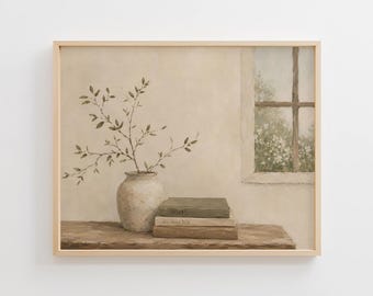 Cozy Home Wall Art, Neutral Oil Painting Still Life, Cottagecore Home Decor, Books & Vase Artwork, Rustic Minimalist Digital Download