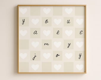 You Are My Joy, Beige & White Heart Wall Art, Minimalist Nursery Decor, Neutral Kids Room Print, Square Digital Download