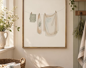 Watercolor Clothesline Artwork, Laundry Line Art, Minimalist Laundry Room Decor, Multi Ratio Digital Download