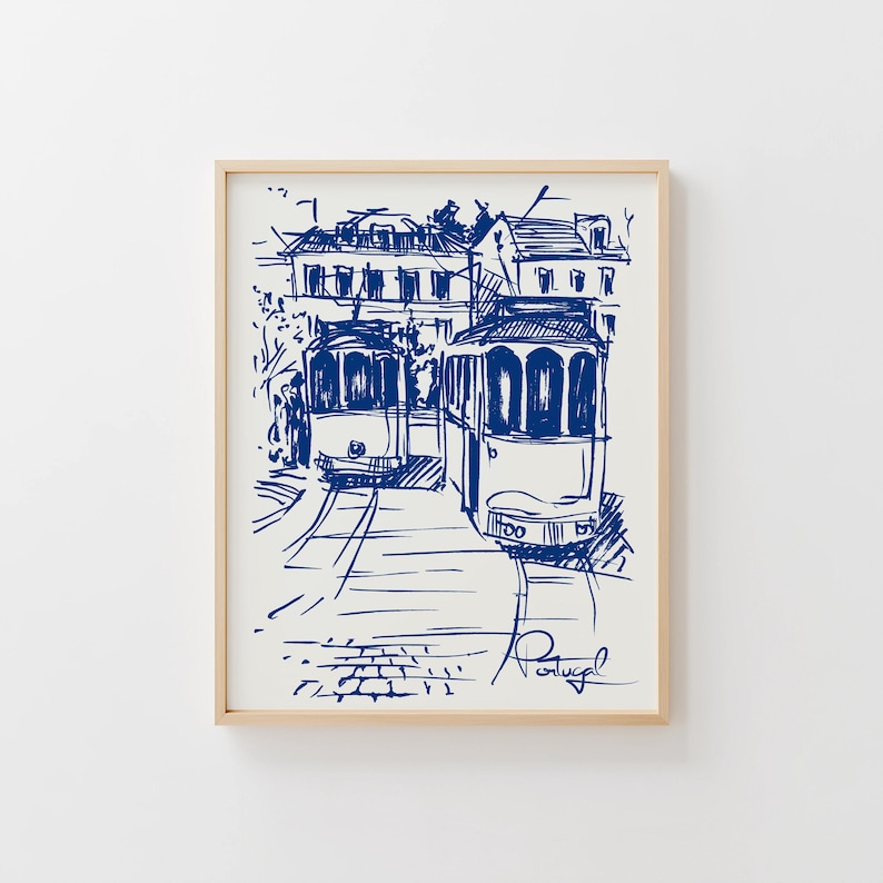 Lisbon Trams Art Print, Vintage Portugal Travel Poster, White and Blue European Sketch, Multi Ratio Digital Download image 1