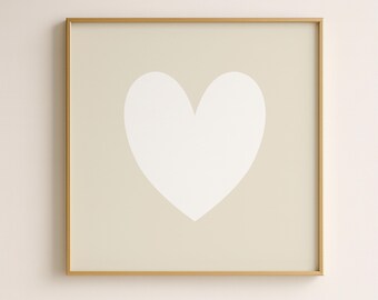 Neutral Heart Art Print, Beige Background & White Heart Wall Decor, Minimalist Nursery Artwork, Multi Ratio Digital Download