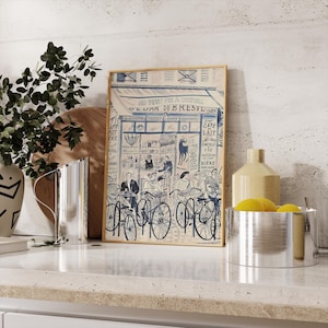 French Cafe Art Print, Blue and Beige Kitchen Decor, Parisian Bistro Wall Art, Multi-Ratio Digital Download image 3