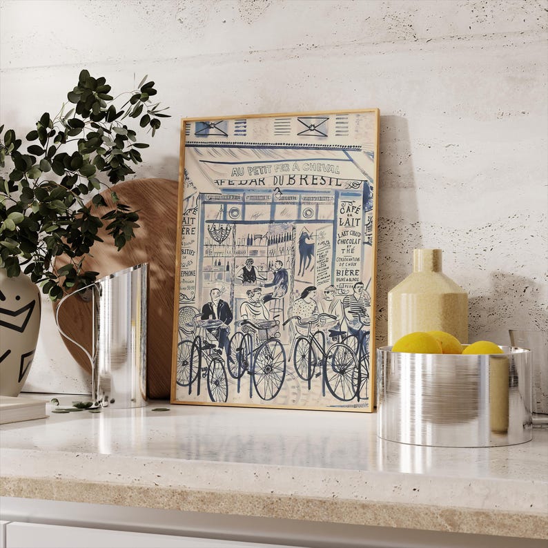 French Cafe Art Print, Blue and Beige Kitchen Decor, Parisian Bistro Wall Art, Multi-Ratio Digital Download image 3