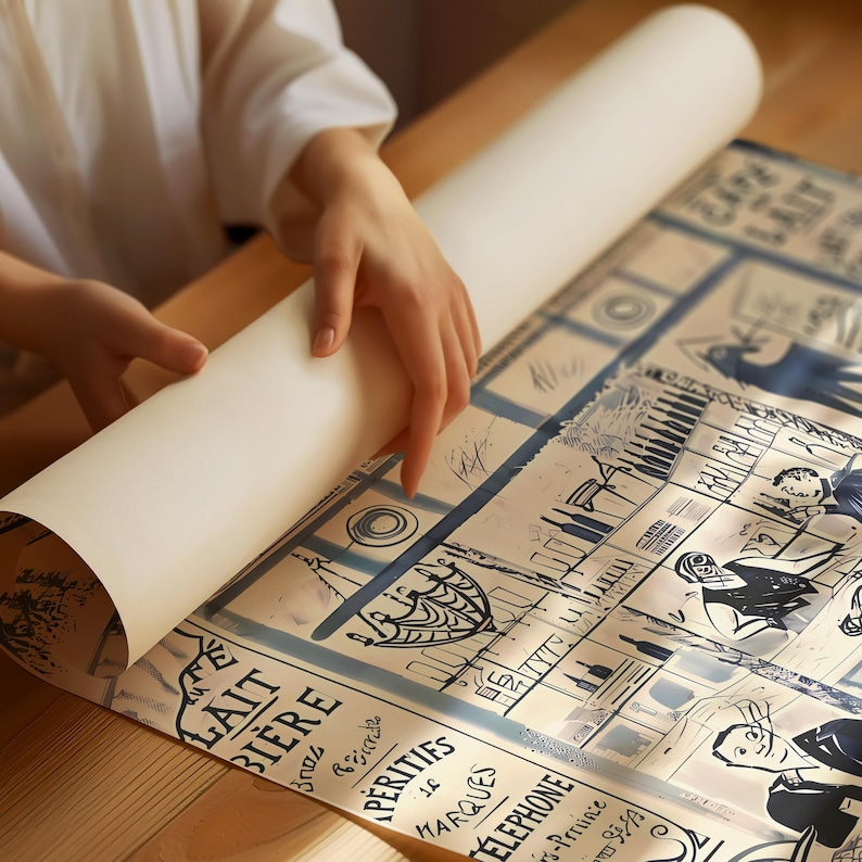 May include: A large, rolled-up poster featuring a vintage-style black and white illustration of a cafe scene. The print includes detailed line drawings of people, bottles, and text such as LAIT, BIERE, and PERITIES, all on a cream-colored paper.
