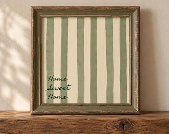 Home Sweet Home Wall Art, Green Striped Print, Classic Cottage Decor, Minimalist Entryway Artwork, 1:1 Ratio Digital Download