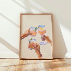 ミニマリストの乾杯水彩画 – フェミニンなトーストアートワーク、エレガントなドリンクプリント、ソフトで美しいバーの装飾、シックなデジタルダウンロード