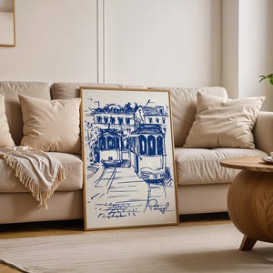 Lisbon Trams Art Print, Vintage Portugal Travel Poster, White and Blue European Sketch, Multi Ratio Digital Download image 3