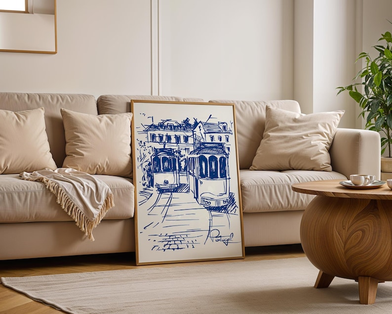 Lisbon Trams Art Print, Vintage Portugal Travel Poster, White and Blue European Sketch, Multi Ratio Digital Download image 3