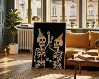 Birthday Skeleton Wall Art, Dancing Skeletons Celebration Print, Spooky Halloween Party Decor, Multi Ratio Digital Download