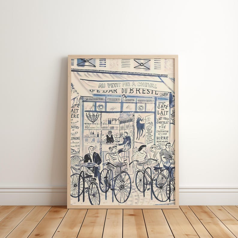 French Cafe Art Print, Blue and Beige Kitchen Decor, Parisian Bistro Wall Art, Multi-Ratio Digital Download image 1