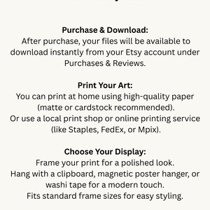 Puede incluir: Un gr&aacute;fico informativo blanco titulado "C&oacute;mo usar tu descarga digital de Prettily Prints". Las instrucciones incluyen c&oacute;mo comprar, descargar, imprimir y exhibir arte digital. El texto tambi&eacute;n advierte que los colores pueden variar.