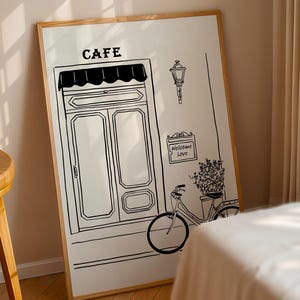 Art mural café minimaliste - dessin au trait café moderne, décoration de cuisine neutre, illustration de bistrot parisien, impression téléchargement numérique