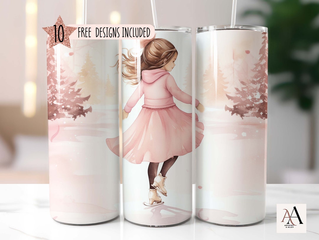 Girl Ice Skating Tumbler Wrap 20oz Skinny Tumbler PNG Pink Retro ...